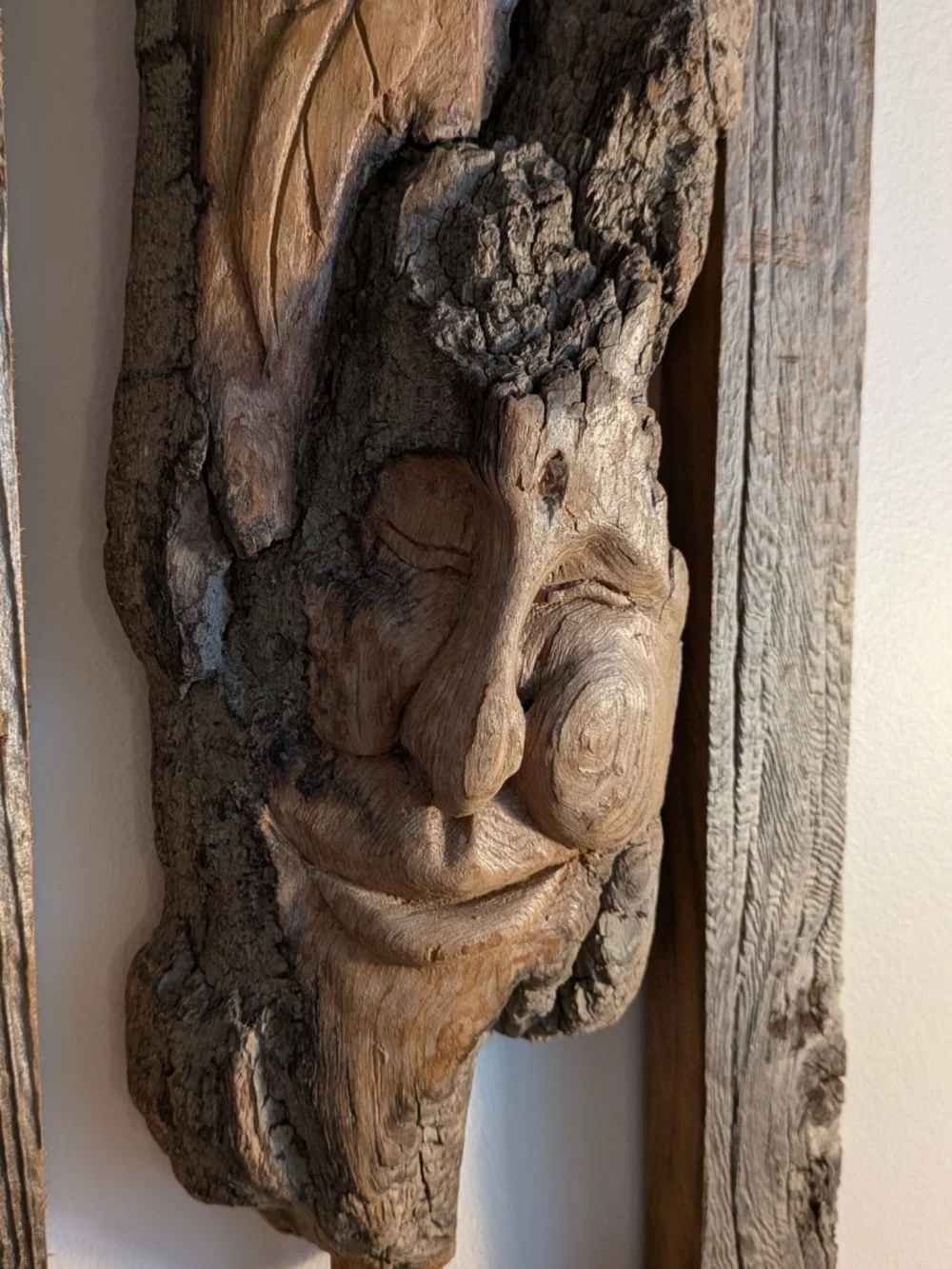 Wood Handcarved Spirit Tree Face sculpture wall art natural weathered frame